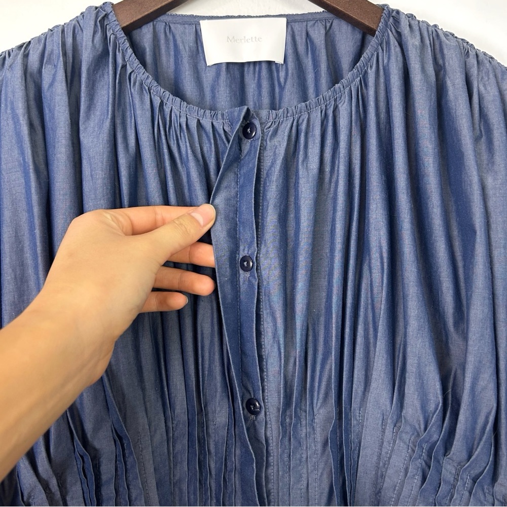 Merlette Martel Pleated Dress in Dark Chambray - Picture 3 of 9